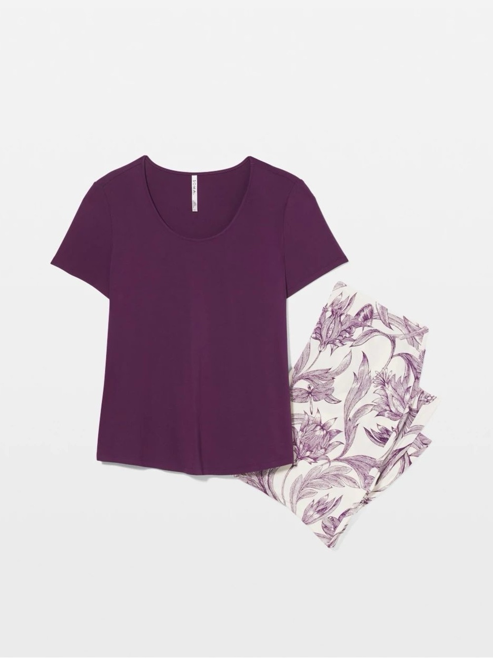 Soma Plum Short-Sleeve Pajama Set with Floral Pants Size M